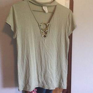 muted green choker neck blouse with metal rings
